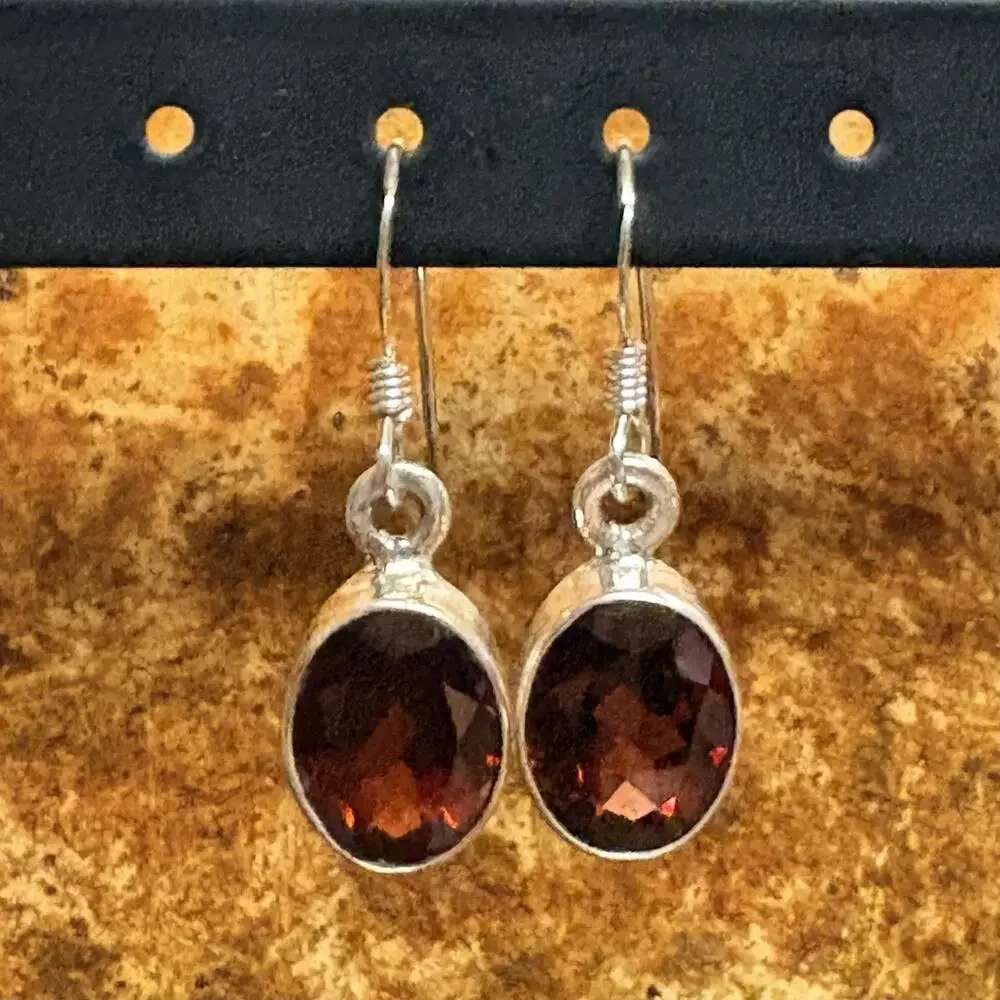 Sterling Silver & Garnet Earrings Oval Shaped Dangle/Drop